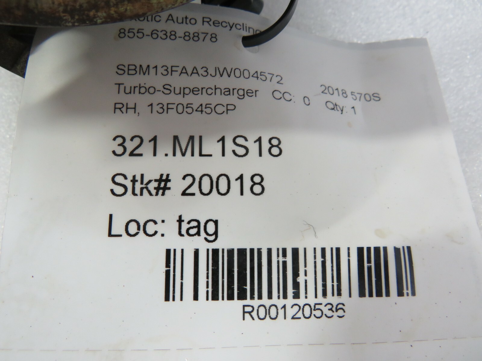 McLaren 570s, RH, Right, Turbo Supercharger, Used, P/N 13F0545CP