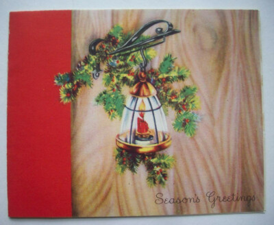 40's 50's Door Lantern w candle and holly vintage Christmas greeting card *E16