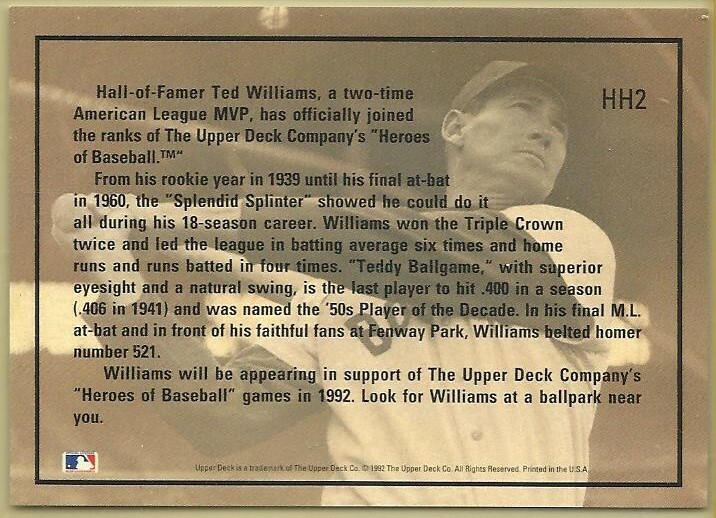 UDA MLB デッド ウィリアムス フィギュア 1992 Upper Deck Baseball Heroes Ted Williams Complete Insert