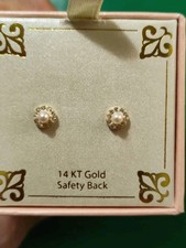 Baby Jewelry Stud Earrings Pearl w/Crystal 14KY Yellow Gold Safety Screw Back