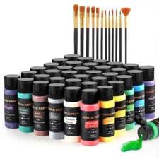 Acrylic Paint Set: 36x2oz Vivid Colors, 12 Art Brushes - Canvas, Wood, Ceramic