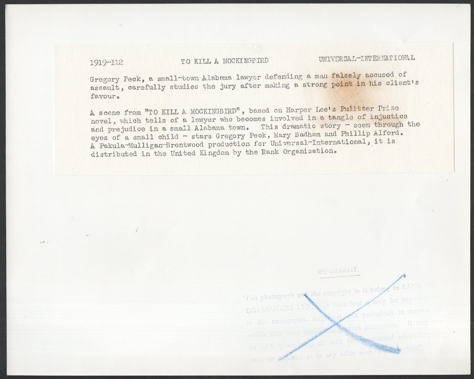 TO KILL A MOCKINGBIRD 1962 Robert Mulligan GREGORY PECK Harper Lee STILL #112