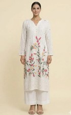 Women  s Ivory Georgette Embroidered Kurti Set Sequin Tunic Wide Leg Pants Plus