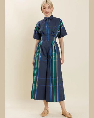 Aureum Short Sleeve Jumpsuit Bethany Blue Green Plaid Pleated Waist Cropped S