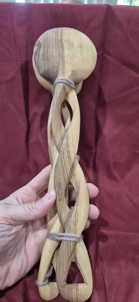 New Olive Wood Spiral Handles Servers Carved Handmade 12" Salad Boho Cottage Cor - Image 2 of 3