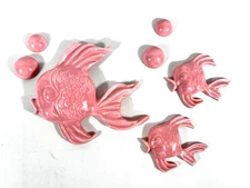 Vintage Mid Century Chalkware Fish Set Wall Art Hanging Pink w/ Bubbles Kitsch