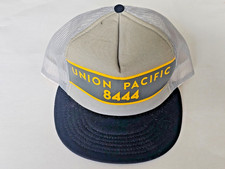 Vintage Union Pacific Railroad 8444 Trucker Snapback Hat Beige Black Made in USA
