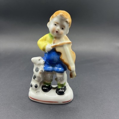 Vintage Figurine Boy Playing Violin With Dog 4.5''  Porcelain Occupied Japan