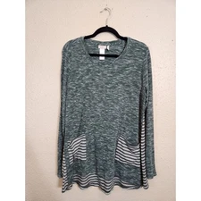 LOGO by Lori Goldstein Women's Gray Green Striped Long Sleeve T Shirt Size XL