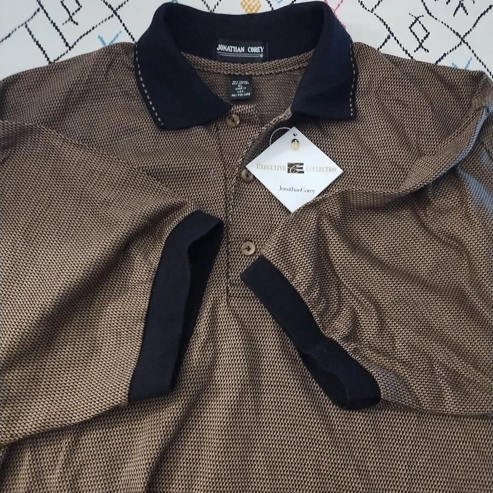 Jonathan Corey Mens XL Polo Style Dress Shirt Tan Black Executive Collection - Image 2 of 4