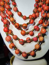 Vtg Multi Strand Tagua Nut Bead Necklace Brass Tone Accents 12  14" Drop Tribal