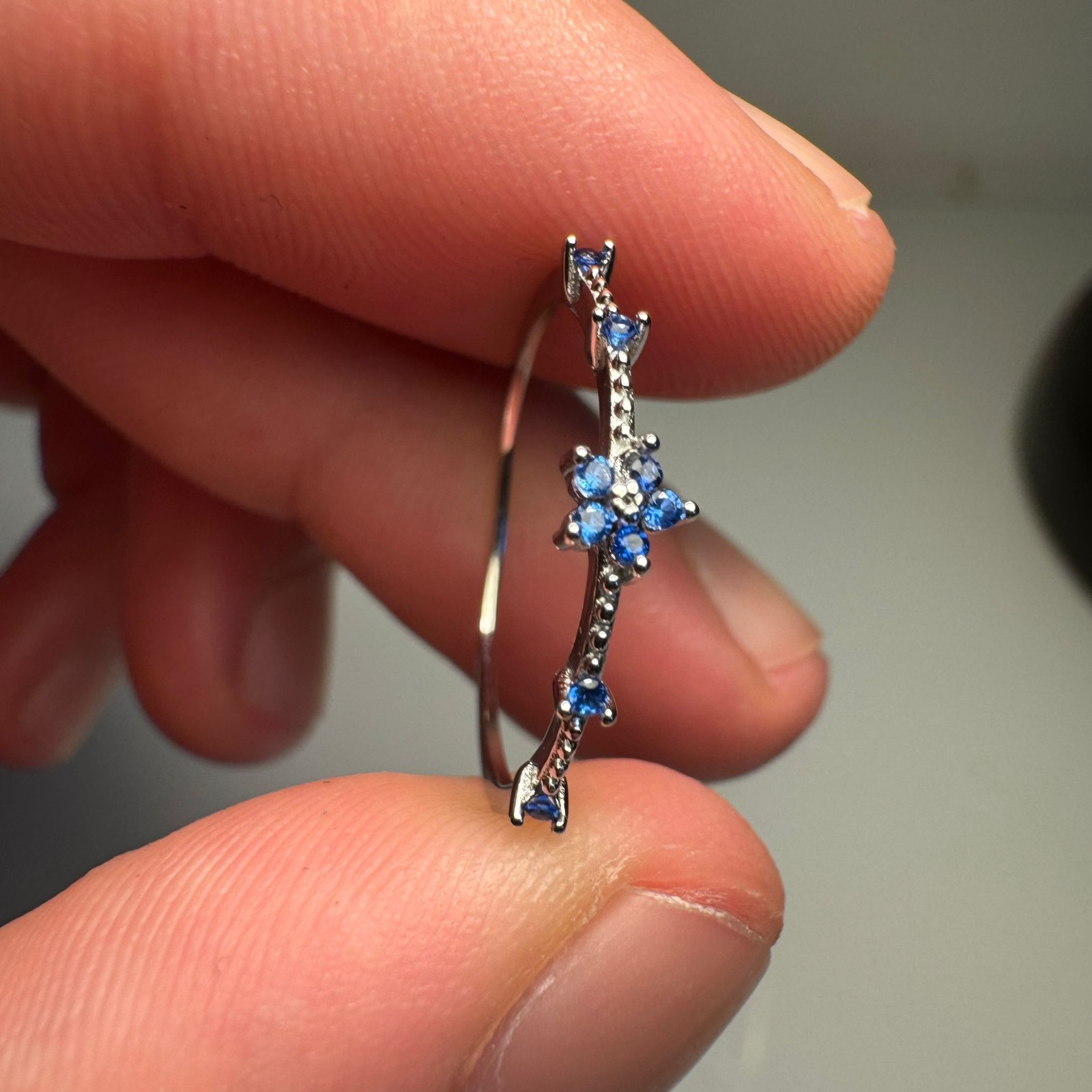 925 Sterling Silver Blue Flower Ring, Delicate Sapphire Floral Band for Women