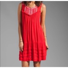 Free People City Limits Mini Dress Red Embroidered Boho Sleeveless Pockets Small
