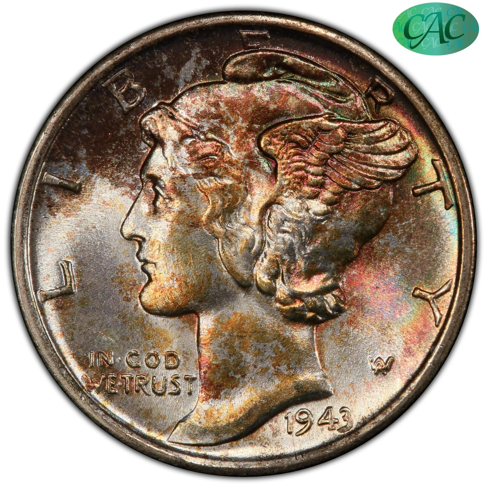 1943-S 10C MS68 FB PCGS CAC Toned San Francisco Mercury Dime