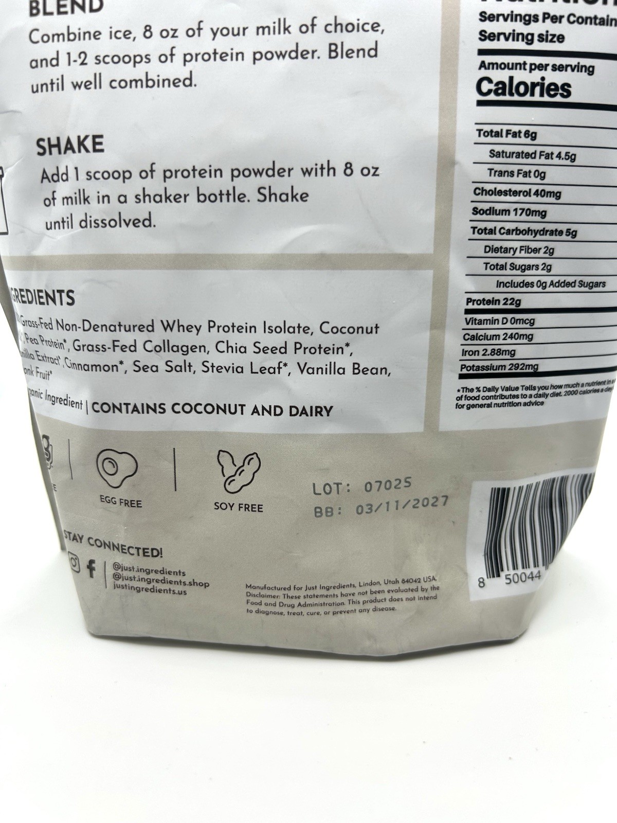 Just Ingredients Vanilla Bean Protein Powder, Casein Free, 15 Servings, 17.46oz