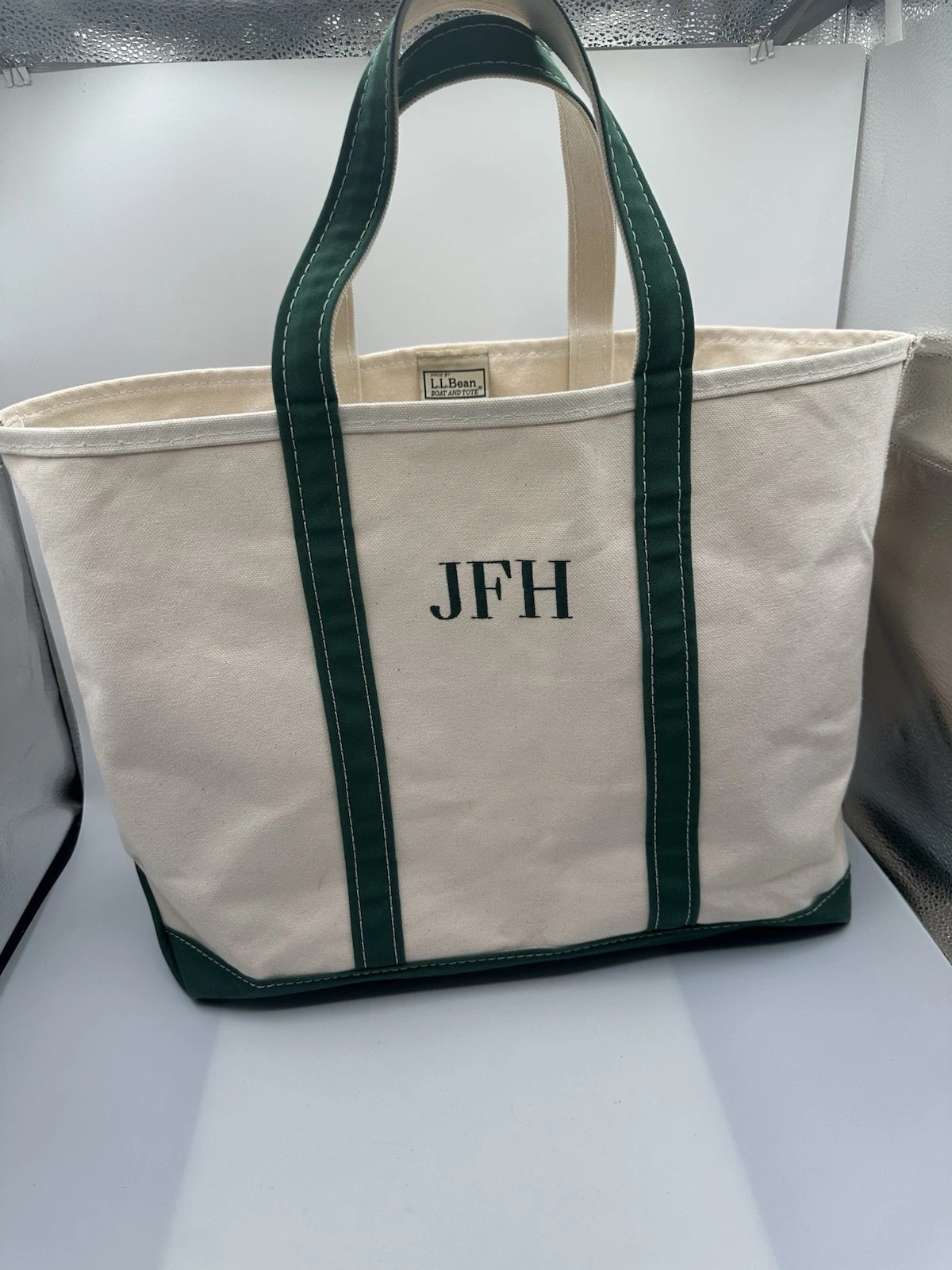 Vintage LL Bean Boat & Tote Bag Offwhite & Green Canvas XL