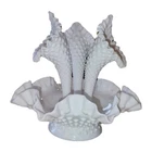 Fenton Epergne Triple Horn MCM Diamond Lace Hobnail 10" White Milk Glass 4pc VTG