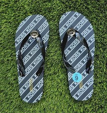 Michael Kors MK Flip Flops PVC/MK Stripe Web Print Black/White Size 6 New