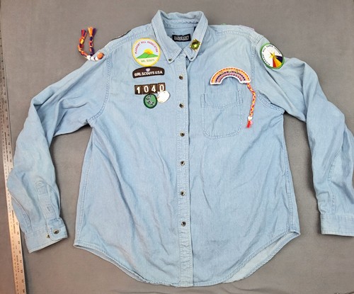 Vintage Lands Ends Girl Scouts Denim Shirt Large Blue Loaded Y2K Patches Pins