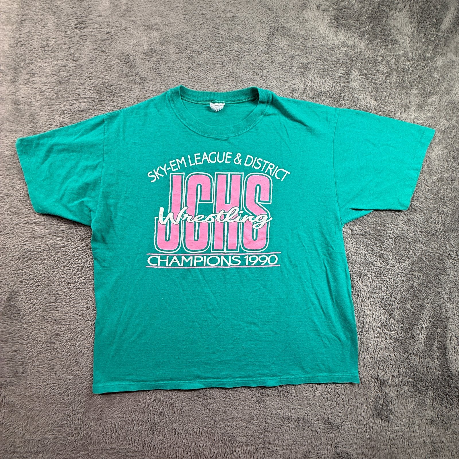 Vintage 90s JCHS Wrestling Champions 1990 Sky-Em League Teal Pink T-Shirt M