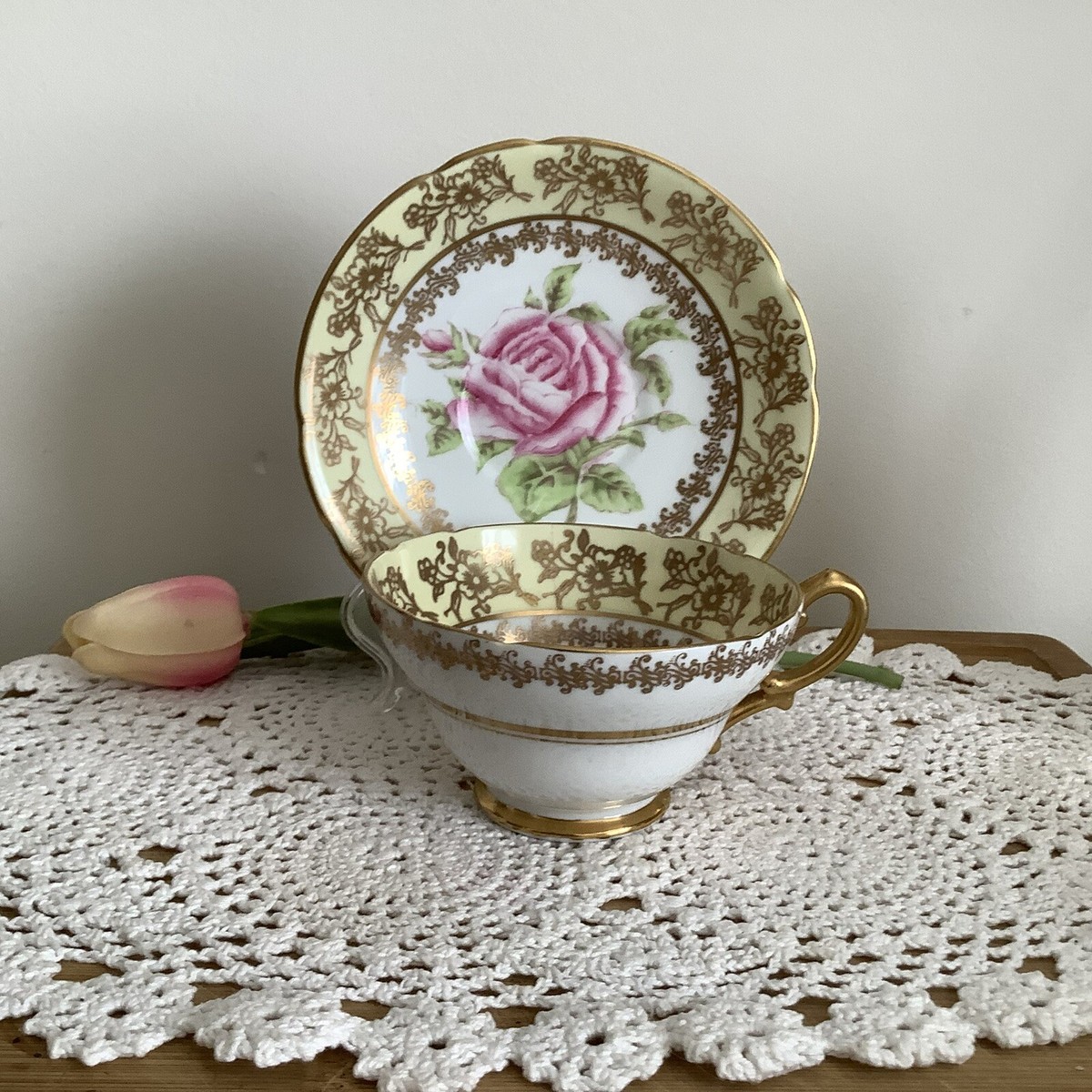 Stanley Bone China Cabbage Rose Yellow Gold Tea Cup Saucer