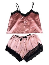 Shien Pink Satin Cami Lace Trim PJ set Women's Size Large