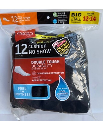 Hanes BIG TALL 12 Pair Double Tough Black No Show Socks Shoe