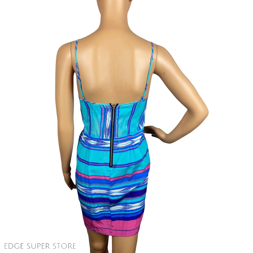 Mini Vestido Yumi Kim Seda Verde Azulado Azul Aqua Rosa Rayas Envolvente Cuello en V Talla Mediana Foto 3 de 4