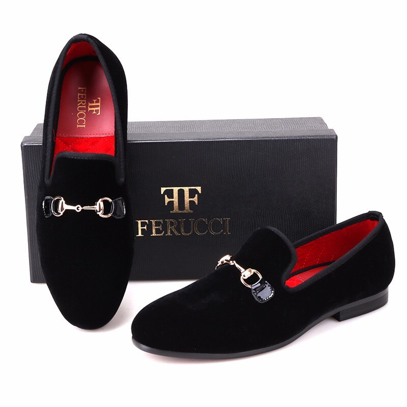 PANTOFOLA D’ORO Mocassini Pantofole Ferucci Uomo Velluto Nero Fatte a Mano con Cavallo Oro