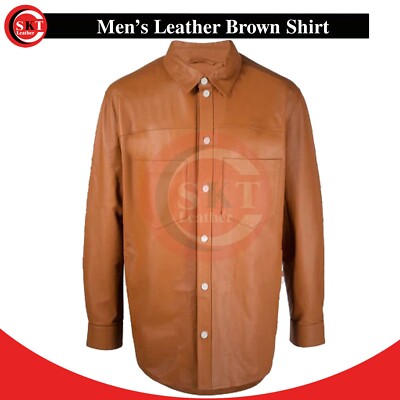 Men's Snap Button Closure Brown Leather Shirt Front Two Pocket Classic Style Fit