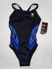 TYR Girls Youth 22 Black Blue One Piece Swimsuit Durafast ALLIANCE New