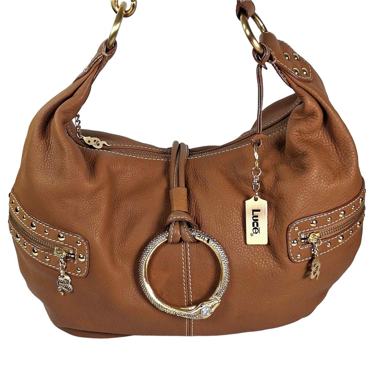 LUCE Genuine Leather Hobo Slouchy Shoulder Bag Purse Cognac Snake Charm  Hardware