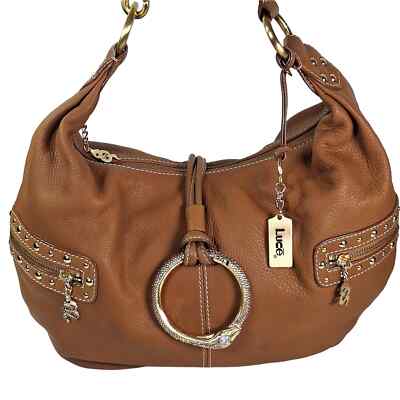 LUCE Genuine Leather Hobo Slouchy Shoulder Bag Purse Cognac Snake