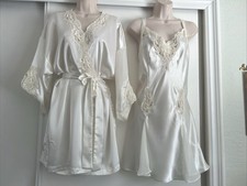 VTG Victoria's Secret Ivory Satin Sequins Bridal Robe Nightgown Set Size L