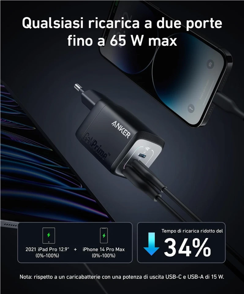 Anker Caricatore USB C Da 67 W, Alimentatore Anker Prime Gan, Caricatore Rapido - Immagine 4 di 4