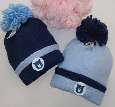 Baby Junge Wintermütze doppelt gestrickt Bommel dunkelblau Teddybär Motiv 6-12-18m