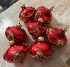 6 Frontgate red glass Christmas ornament Old-world style gold & stone jewels