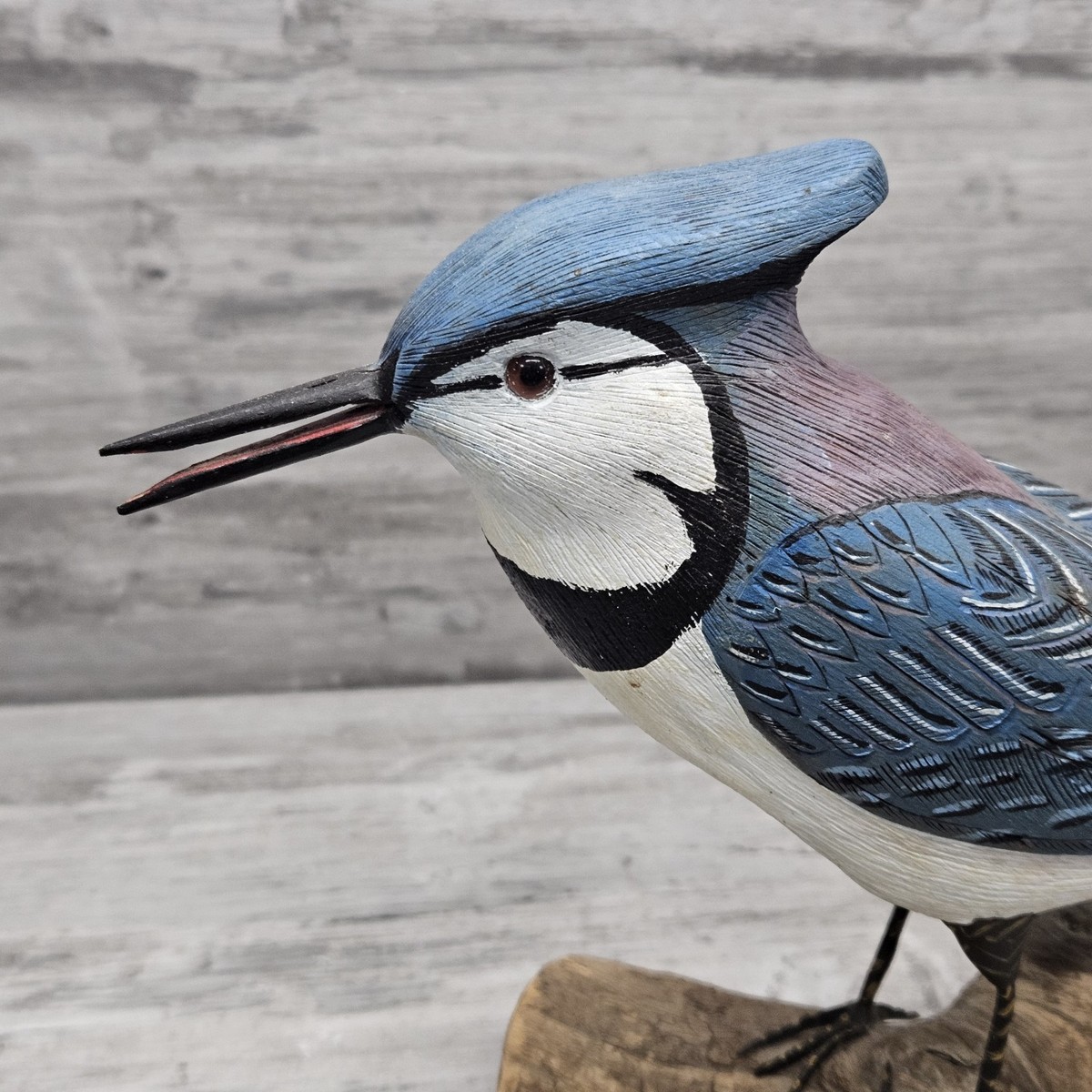 Vintage Carved & Signed Wooden Blue Jay Bird On Driftwood - 7