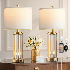 Qimh Gold Table Lamps for Bedroom Set of 2 with Nightlight, Modern Bedside Lamp