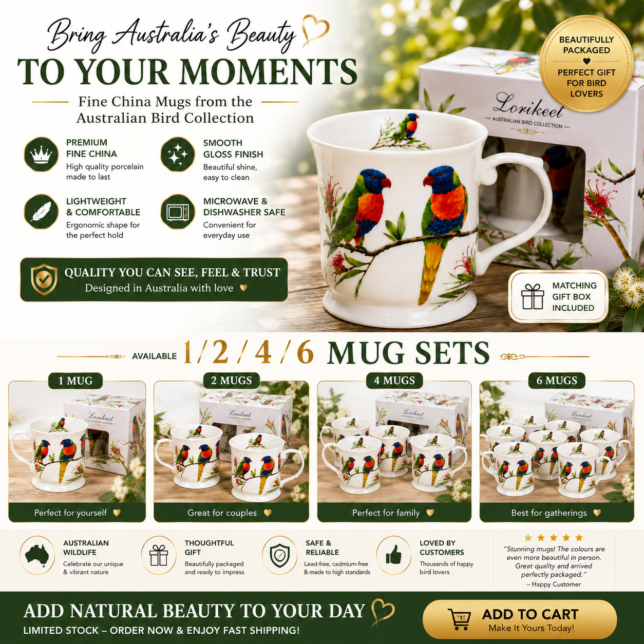 1-6 Pack Rainbow Lorikeet Fine China Mug 415ml Australian Bird Coffee Tea Cup — image 11