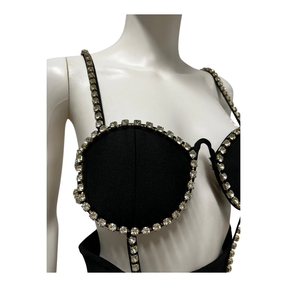 Vestido de fiesta de cóctel vintage glamuroso negro pedrería recortado vendaje pequeño Foto 3 de 4