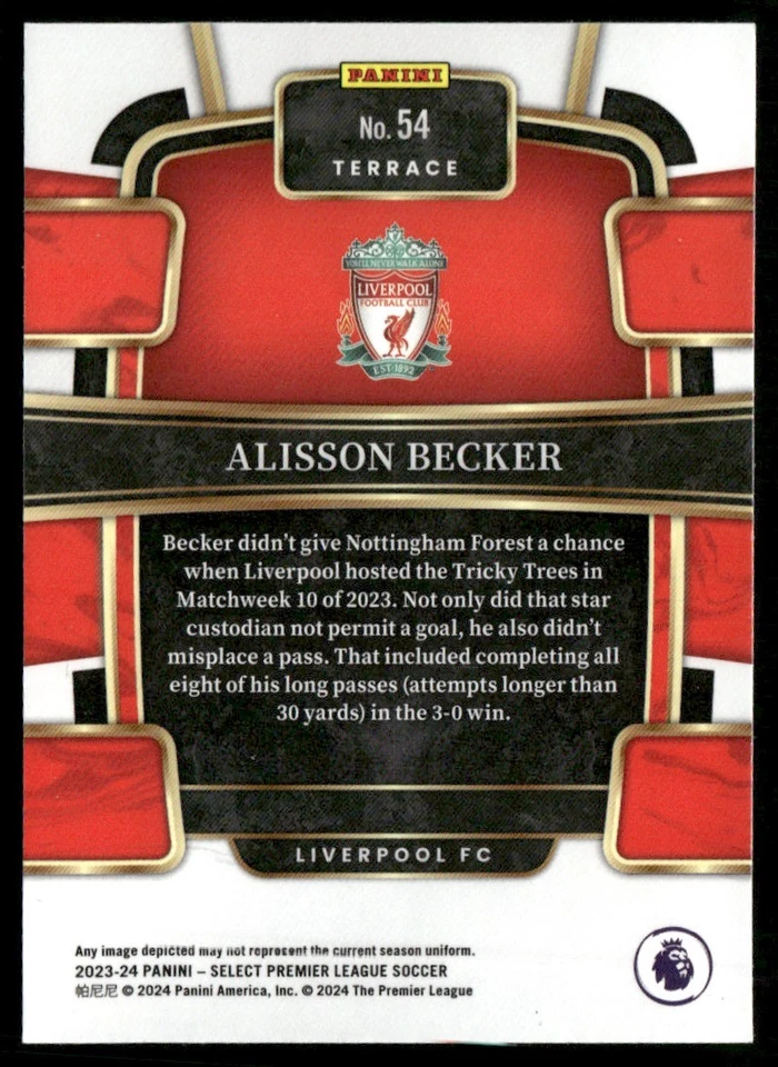 2023 PANINI SELECT PREMIER LEAGUE ALISSON BECKER LIVERPOOL #54 - Image 2 of 2
