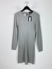 Pieces Grey Ribbed Bodycon Dress Long Sleeve Crew Neck Open Back UK L NEW