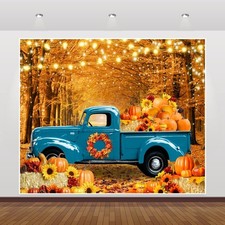 Happy Fall Thanksgiving Backdrop 10x8ft Autumn Forest Blue Truck Pumpkin