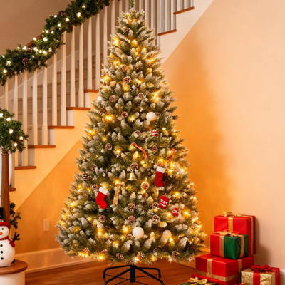 6FT Snow Flocked Pre-Lit Christmas Tree with Pinecones & Easy Setup Stand