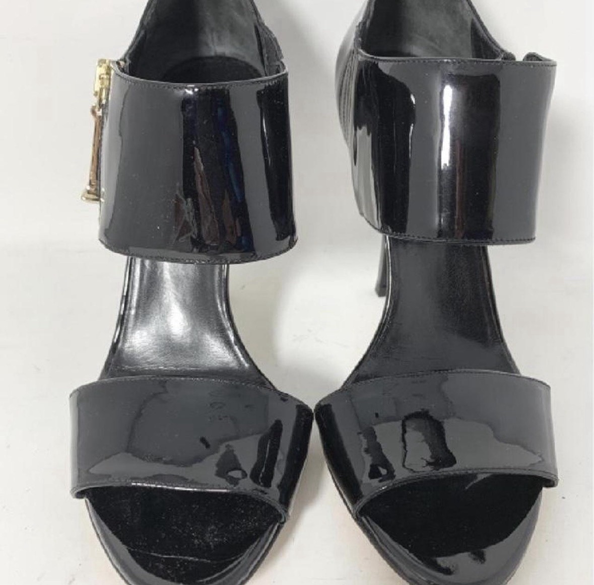 Gucci Women's Black Patent Leather Strappy Stiletto Heels with Zipper