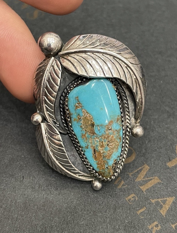 LB Turquoise Ring Native American Leaf Statement … - image 1