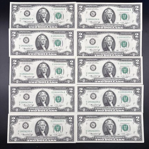 1976 Uncirculated Consecutive $2 Federal Reserve Notes / Lot Of 10 #276D