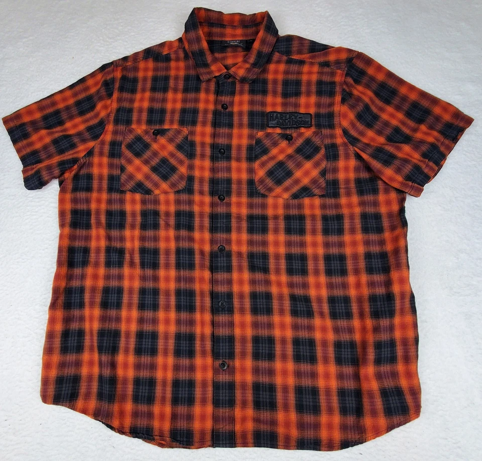 Harley Davidson Plaid Short Sleeve Mens Button Up Cotton Shirt 3XL Patch - Image 2 of 4