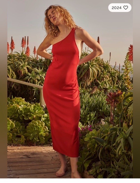 FP Red One Shoulder Sleeveless Bodycon Midi Dress Party Cocktail Solid Summer